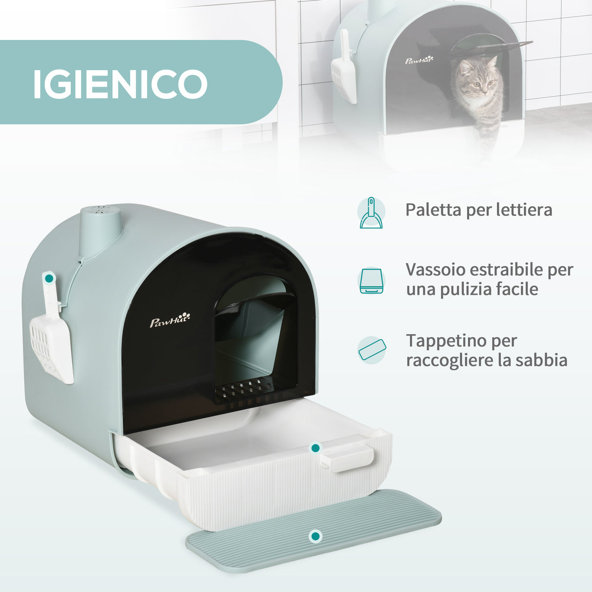 easycomfort lettiera per gatti chiusa con filtri paletta e vassoio removibile struttura in pp 43x44x47cm verde