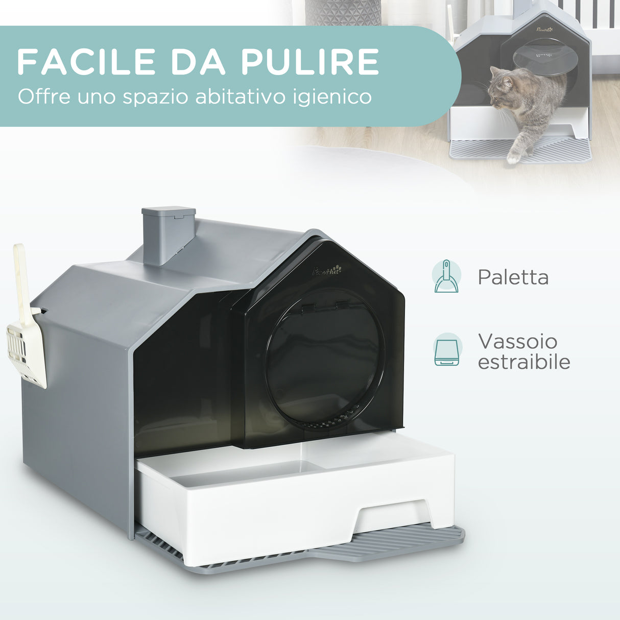 easycomfort lettiera per gatti chiusa con vassoio estraibile tappetino e paletta inclusi 47x45x42cm grigio
