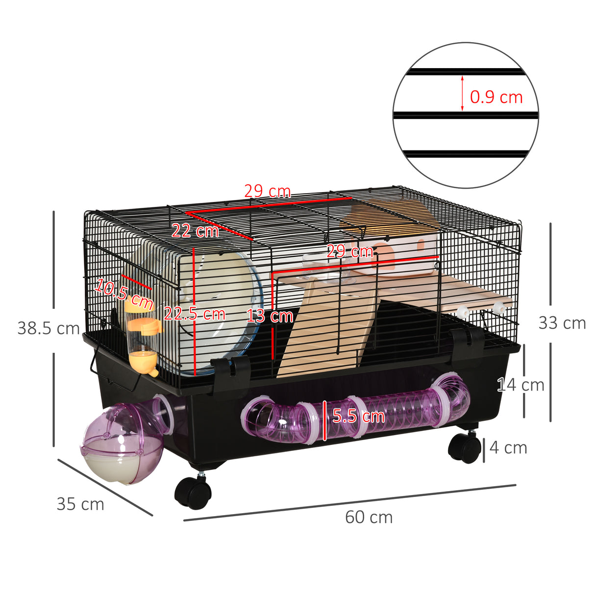 easycomfort easycomfort gabbia per criceti con casetta tunnel e ruota base con 4 rotelle 60x35x38 5cm nero e marrone