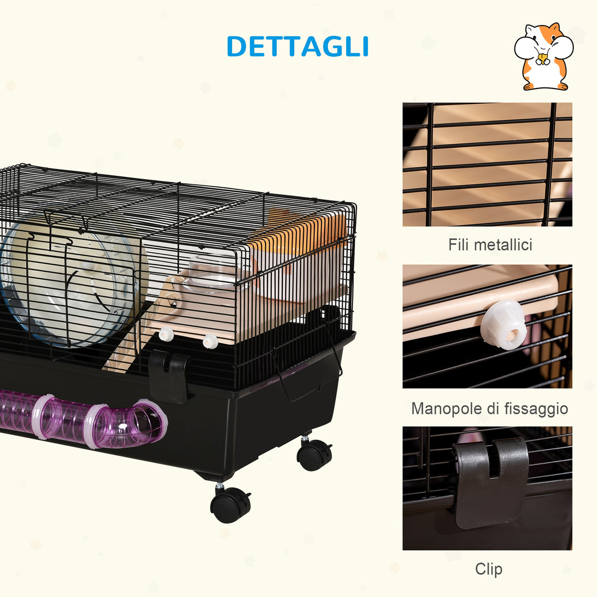 easycomfort easycomfort gabbia per criceti con casetta tunnel e ruota base con 4 rotelle 60x35x38 5cm nero e marrone