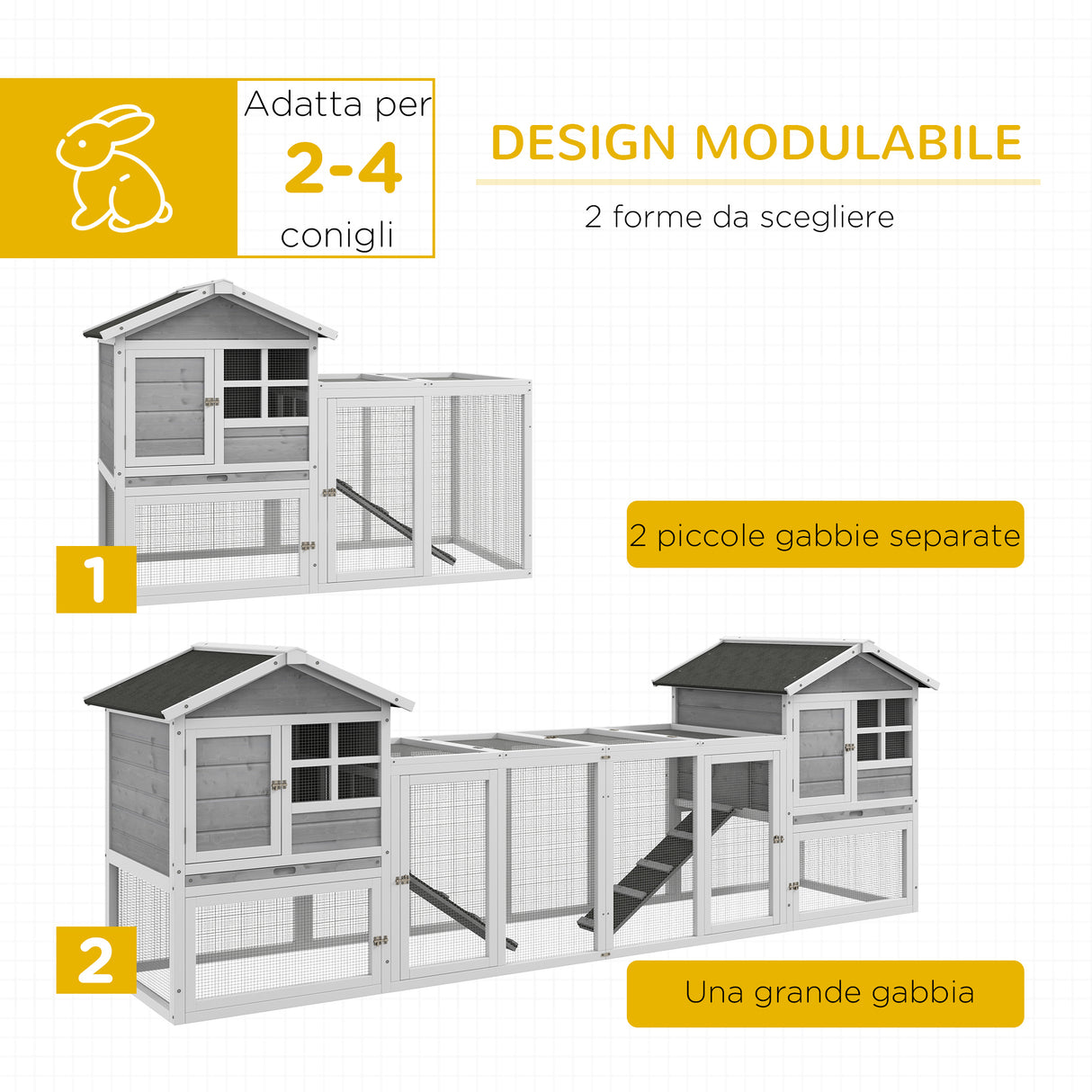 easycomfort easycomfort conigliera in legno da esterno con 2 casette e area aperta recintata con porte e rampe 259x64x92 cm grigia