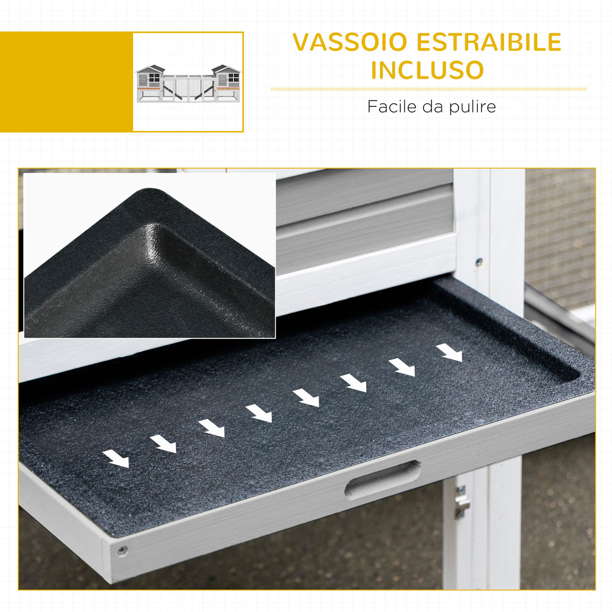 easycomfort easycomfort conigliera in legno da esterno con 2 casette e area aperta recintata con porte e rampe 259x64x92 cm grigia