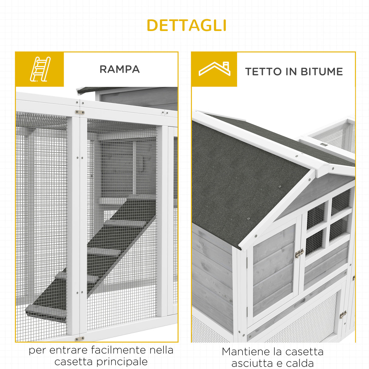 easycomfort easycomfort conigliera in legno da esterno con 2 casette e area aperta recintata con porte e rampe 259x64x92 cm grigia