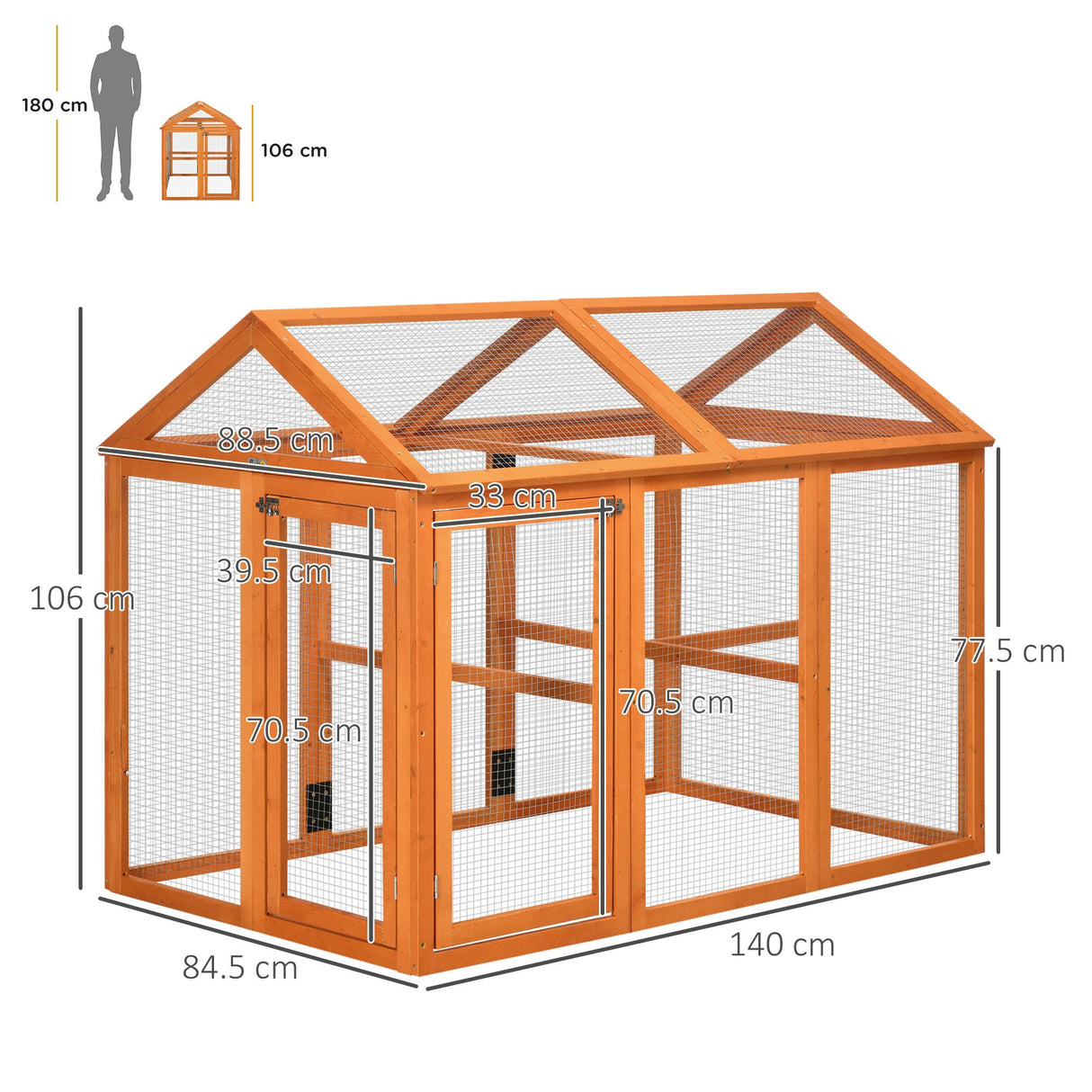 easycomfort easycomfort gabbia per galline in legno con porte multiple e rete in metallo 140x88 5x106cm arancione