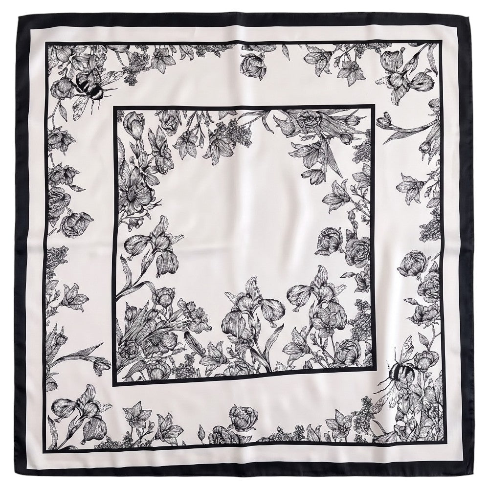 Foulard Carré Soie Floral Noir et Blanc