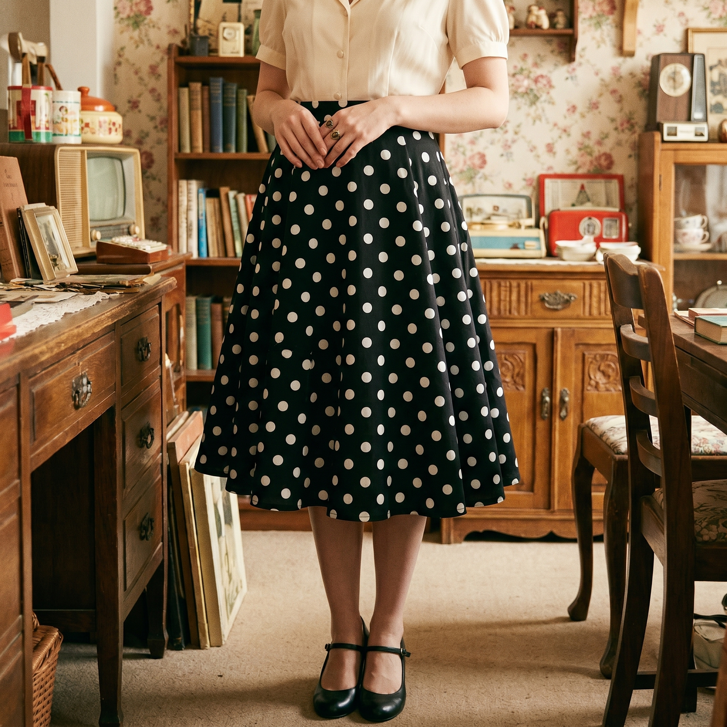 Vintage Black Skirt with White Polka Dots