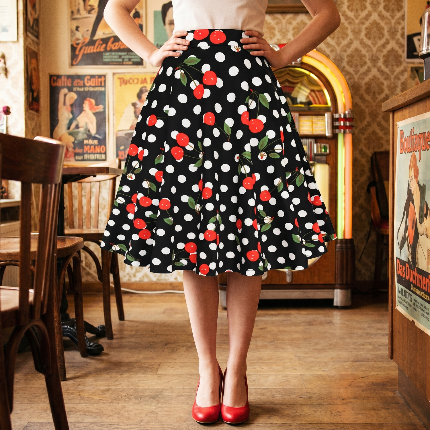 Vintage Black Polka Dots Cherry Skirt