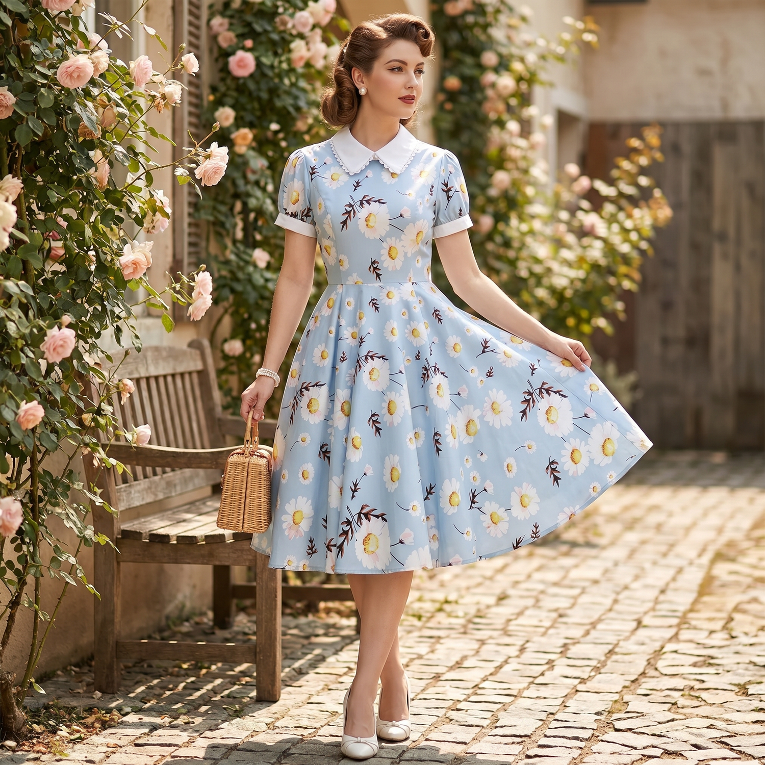 1950s Summer Blue Printed Dress