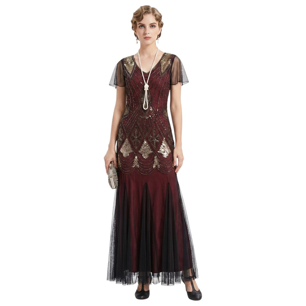 Haute Couture Burgundy Long Gatsby Dress