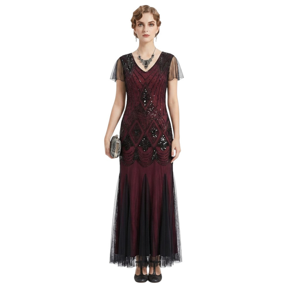 Haute Couture Long Gatsby Dress in Embroidery and Black