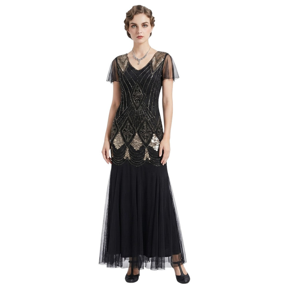 Haute Couture Black and Gold Long Gatsby Dress
