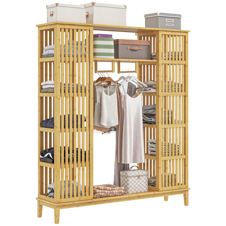 easycomfort easycomfort armadio aperto in bambu con 2 ante scorrevoli ripiani aperti e barra appendiabiti 145x35x165cm