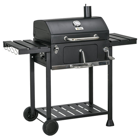 easycomfort easycomfort barbecue a carbone con coperchio con termometro griglia regolabile ruote e tavolini nero