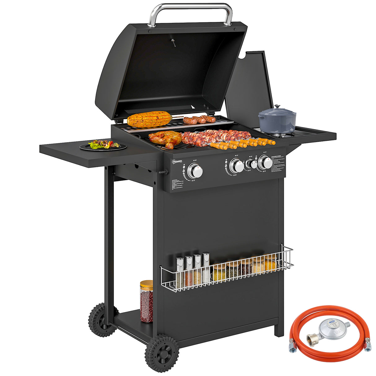 easycomfort easycomfort barbecue a gas con bruciatori indipendenti coperchio con termometro e tavolino laterale nero