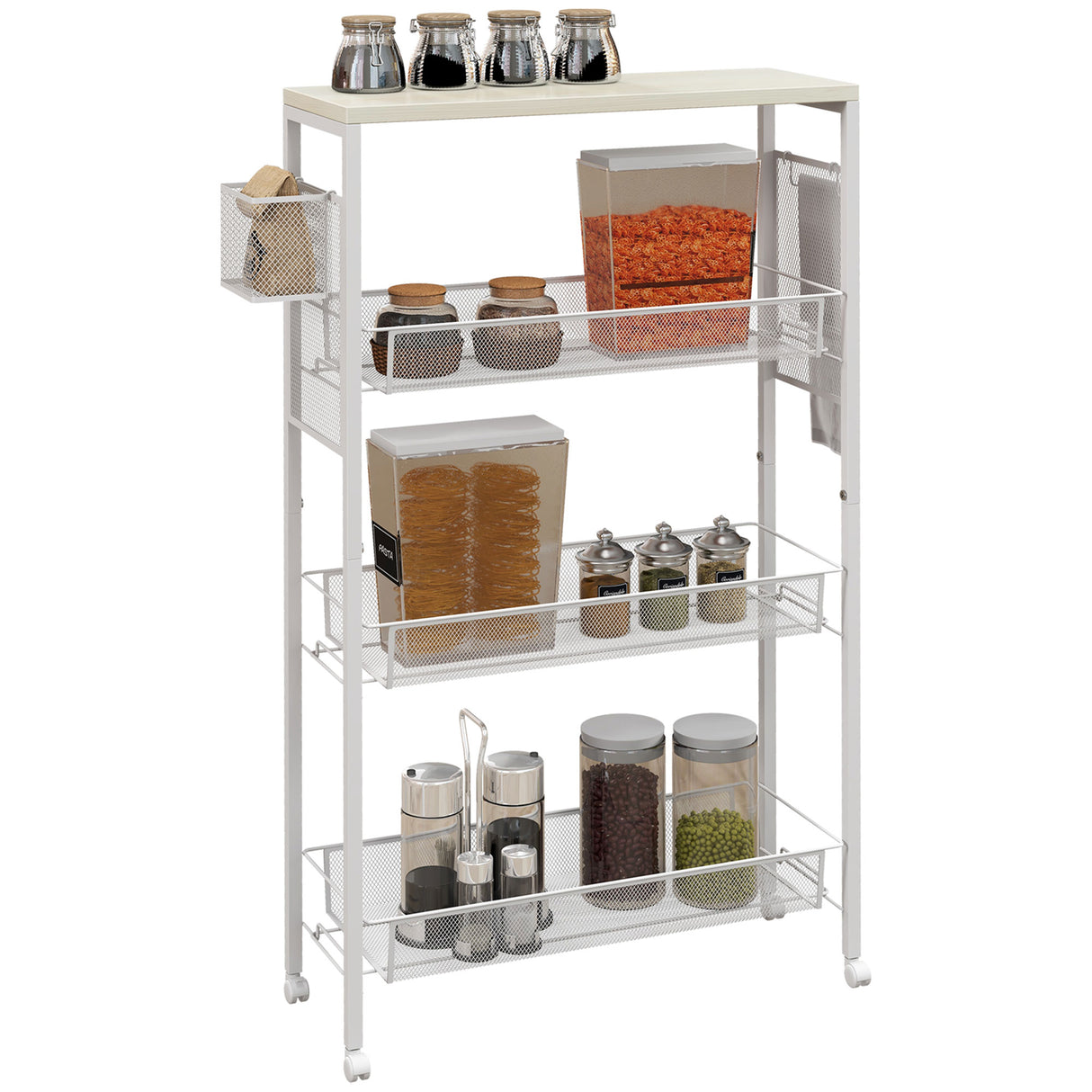 easycomfort easycomfort carrello da cucina a 3 livelli con cestino laterale e gancio in truciolato e acciaio 58x18 5x87 cm