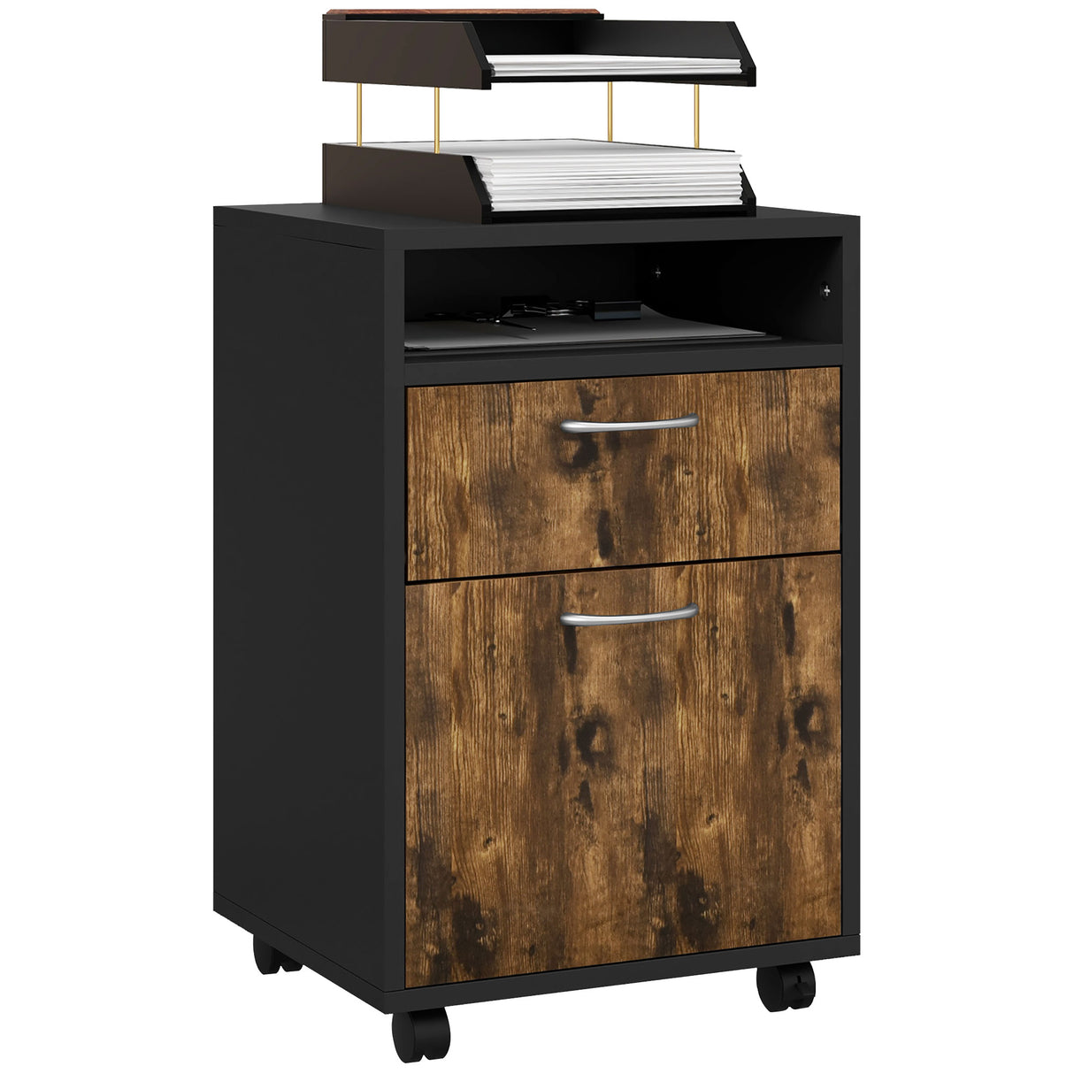 easycomfort easycomfort cassettiera portadocumenti con cassetto e ripiano 4 ruote 40x35x60cm marrone e nero