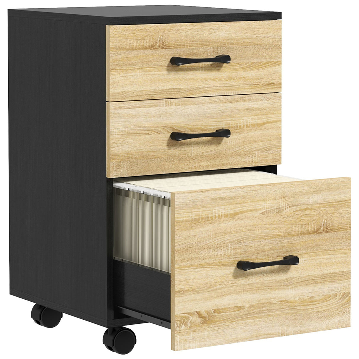 easycomfort easycomfort cassettiera ufficio con 3 cassetti e ruote portadocumenti con barre regolabili rovere e nero