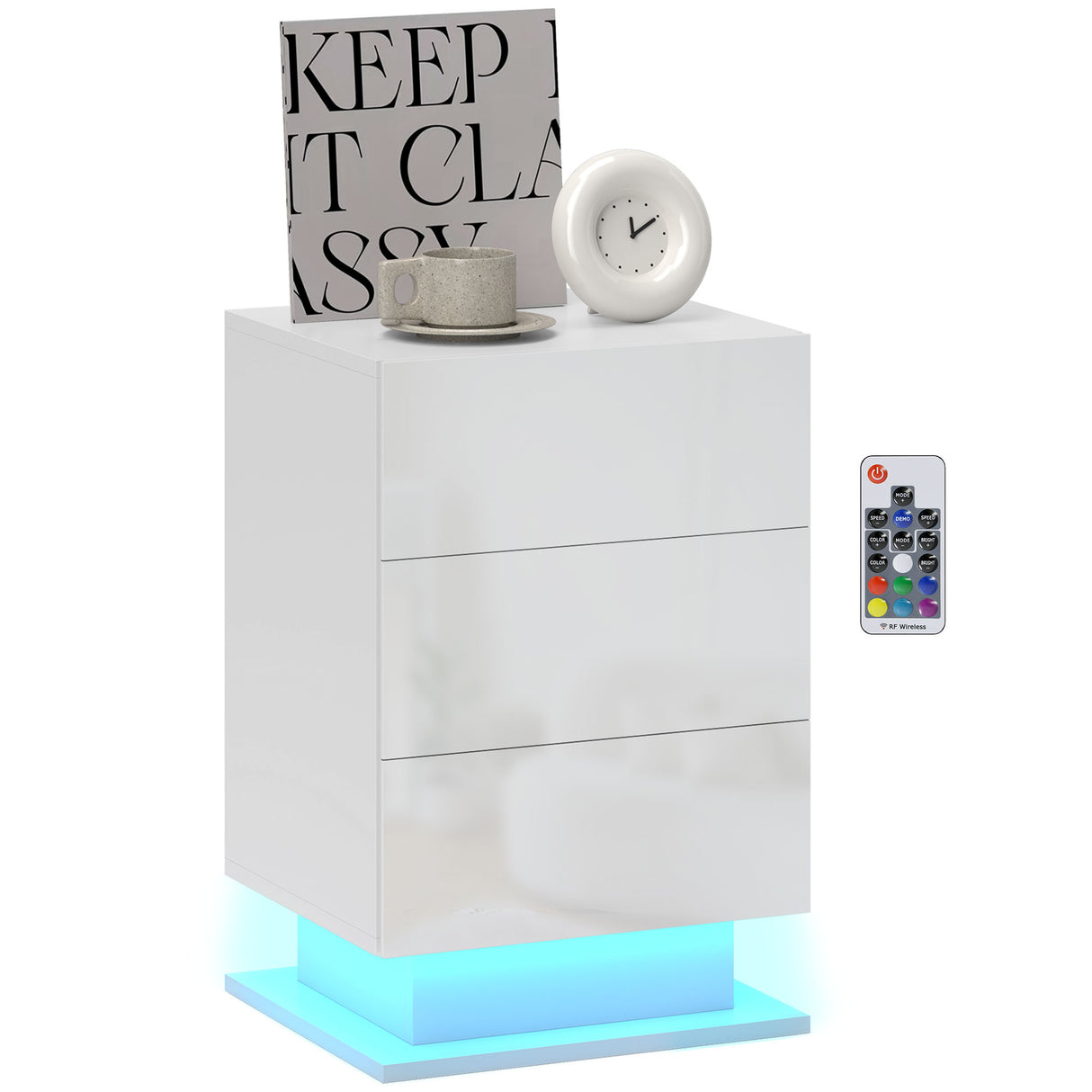 easycomfort easycomfort comodino moderno con luce led regolabile con telecomando e 3 cassetti 40x35x60 cm bianco lucido