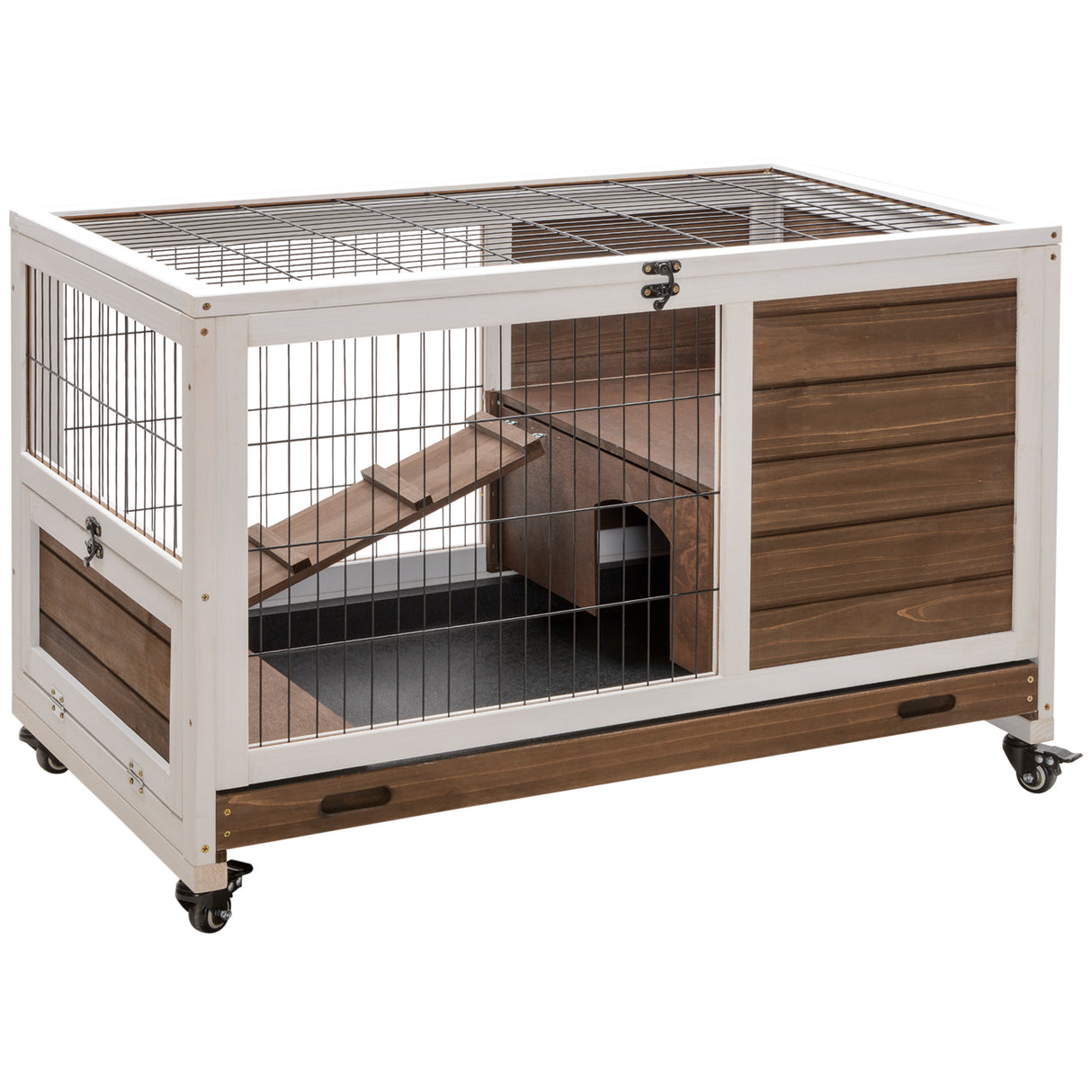 easycomfort easycomfort conigliera in legno con 4 ruote casetta per conigli e rampa 90x53x59cm marrone