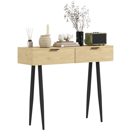 easycomfort easycomfort consolle da ingresso in stile nordico con 2 cassetti in legno e acciaio 100x30x80 5 cm rovere