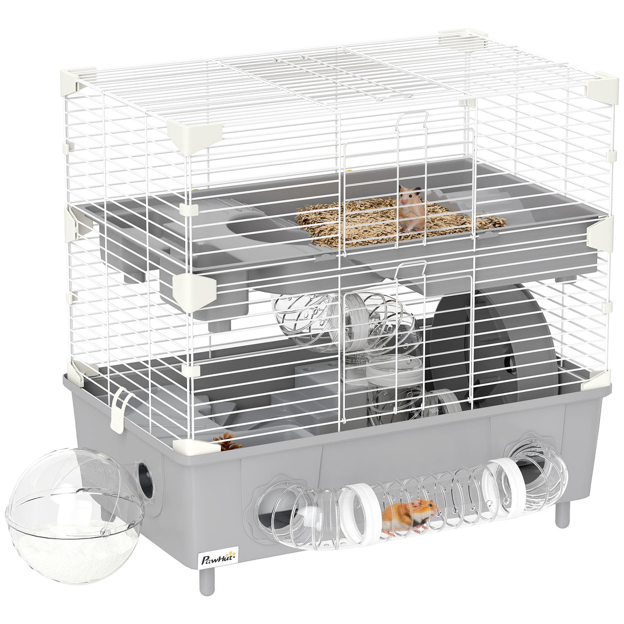 easycomfort easycomfort gabbia per criceti a 2 livelli e 3 porte con ruota e tubi in acciaio ps e pp 44 5x28x44 cm grigio e bianco