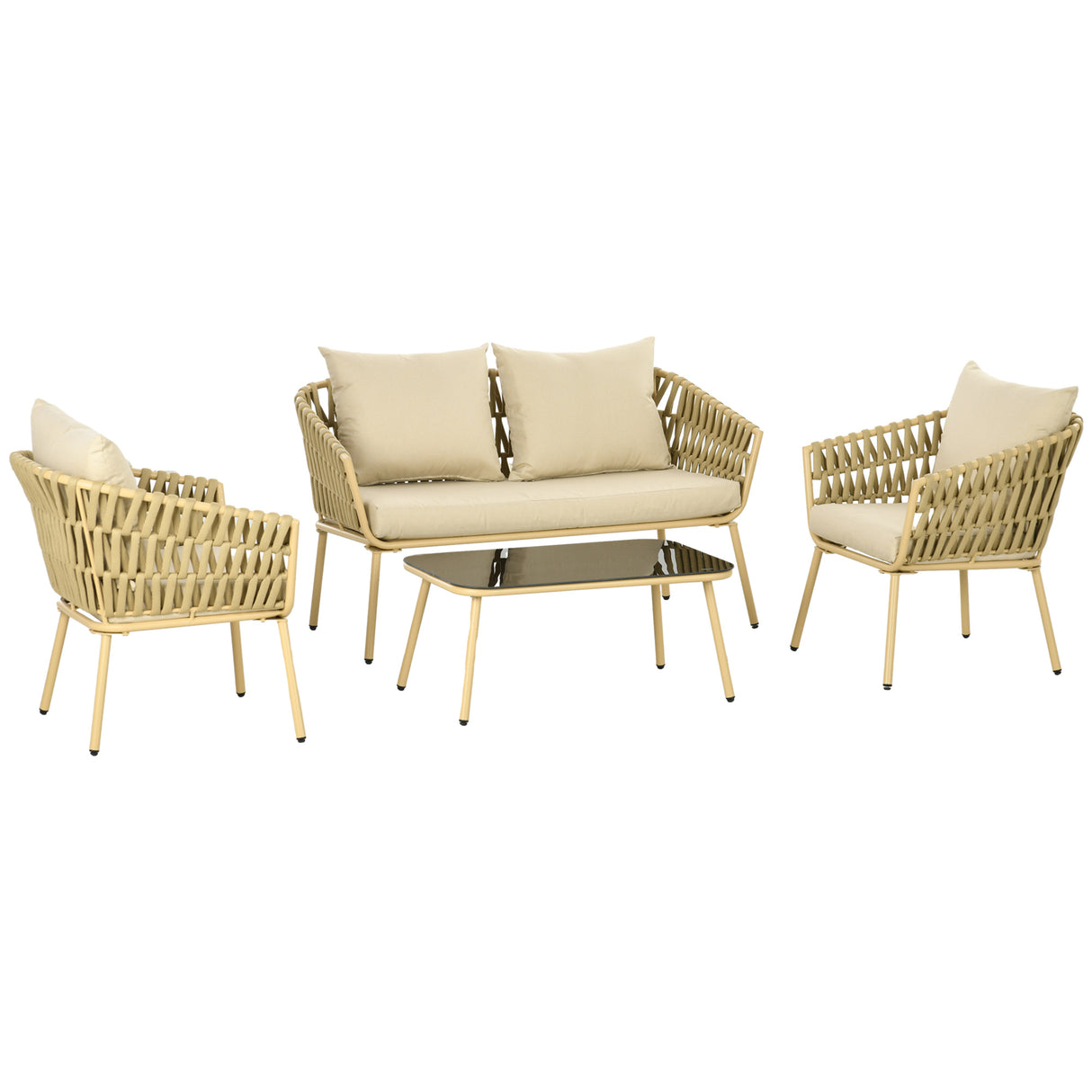 easycomfort easycomfort salotto da esterno con divano 2 posti 2 poltrone con cuscini e tavolino in vetro