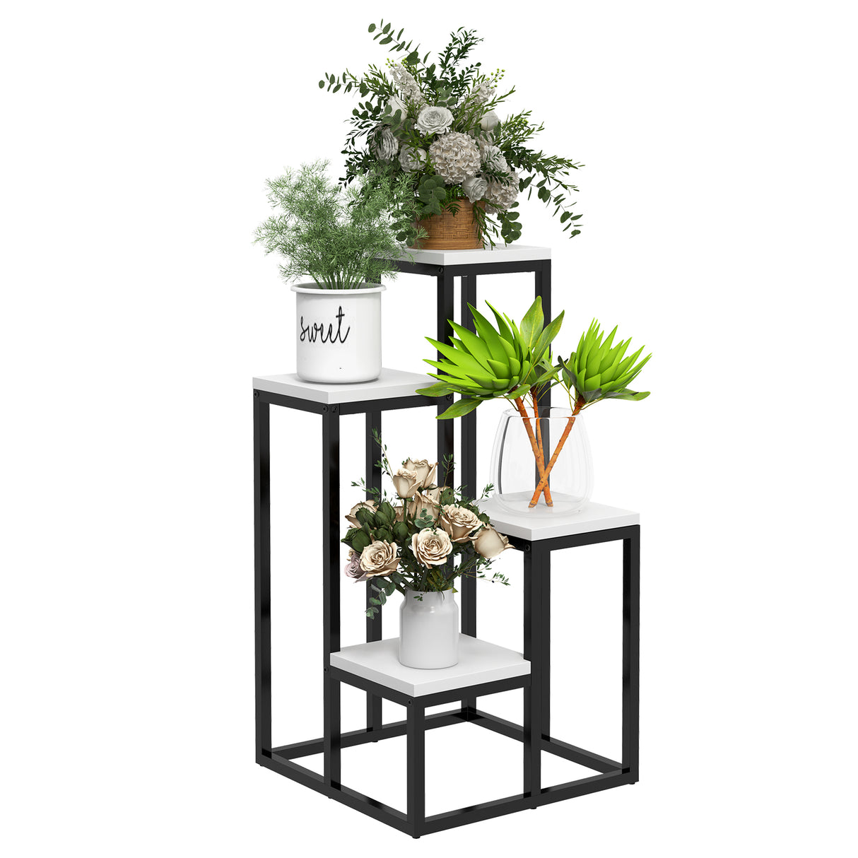 easycomfort easycomfort scaffale per piante a 4 livelli in acciaio e legno 34x34x70cm bianco e nero