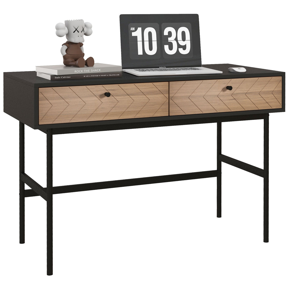 easycomfort easycomfort scrivania da ufficio moderna con 2 cassetti in acciaio e mdf 106x50x77 cm nero e rovere