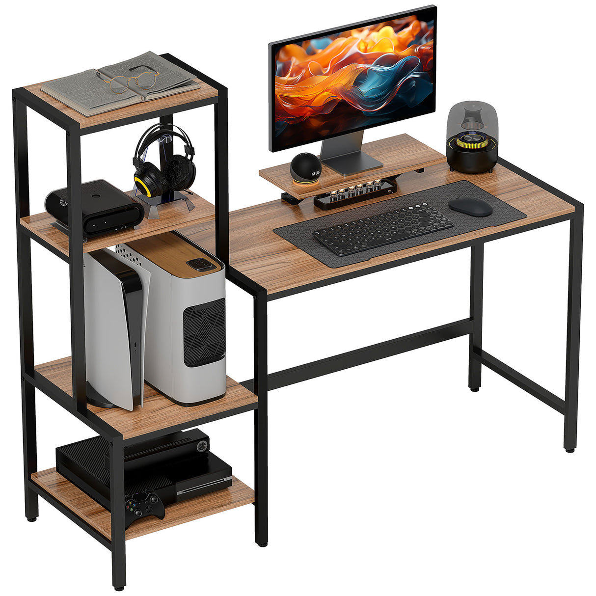 easycomfort easycomfort scrivania per camera con scaffale a 4 ripiani e supporto per monitor 150x48x125cm marrone