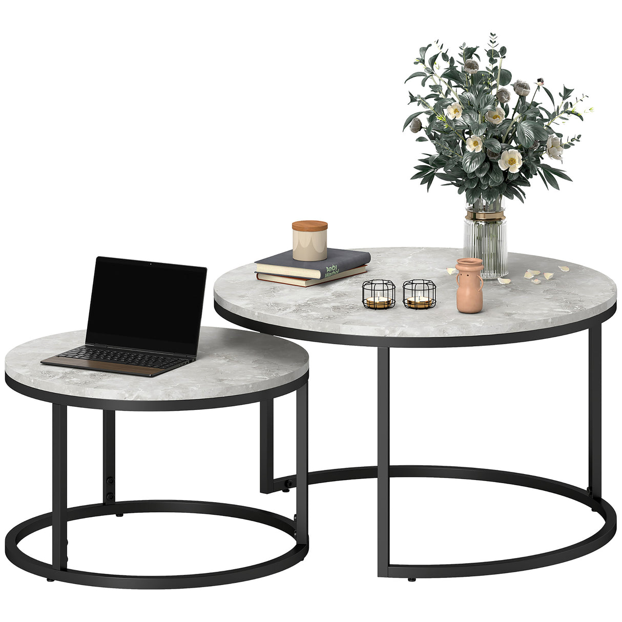 easycomfort easycomfort set da 2 tavolini da caffe sovrapponibili rotondi in metallo e mdf effetto marmo grigio e nero