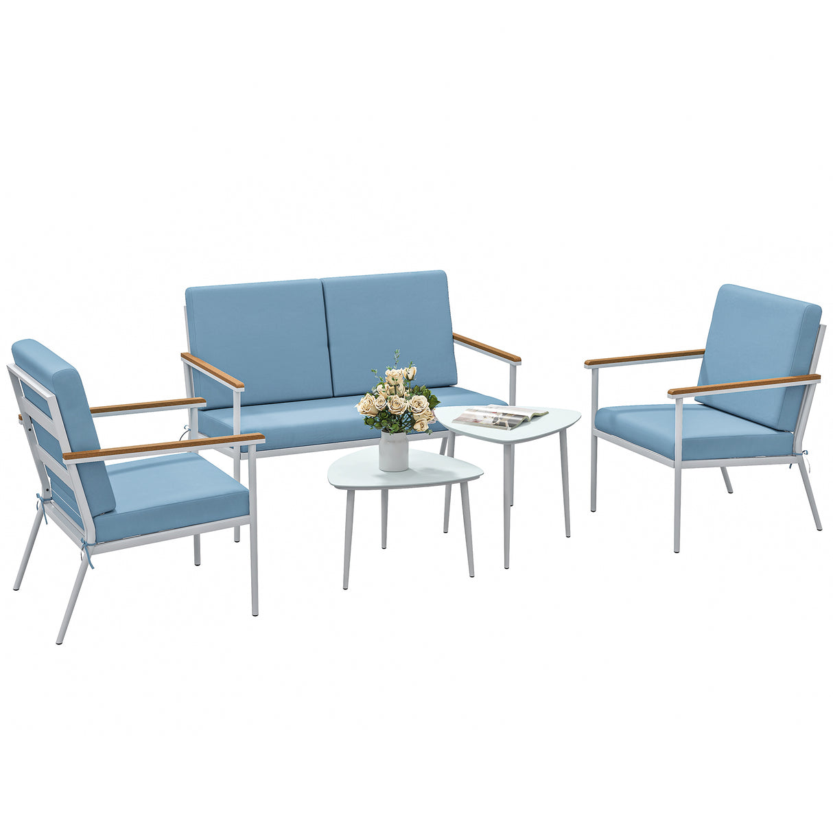 easycomfort easycomfort set da esterno con divano 2 posti 2 poltrone e 2 tavolini da caffe in vetro azzurro