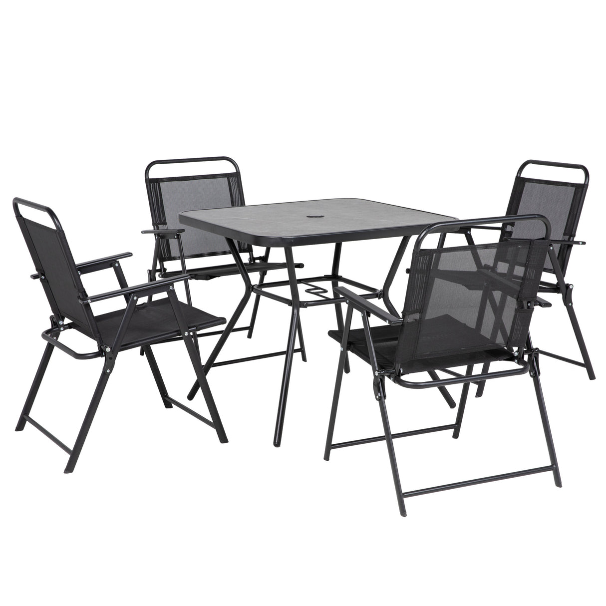 easycomfort easycomfort set da giardino con 4 sedie pieghevoli con braccioli e tavolo con foro per ombrellone nero