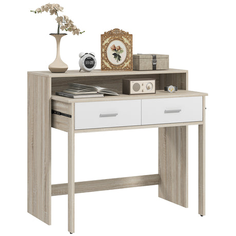 easycomfort easycomfort tavolo consolle a 2 livelli con piano estraibile e 2 cassetti in legno 95x35x87cm rovere