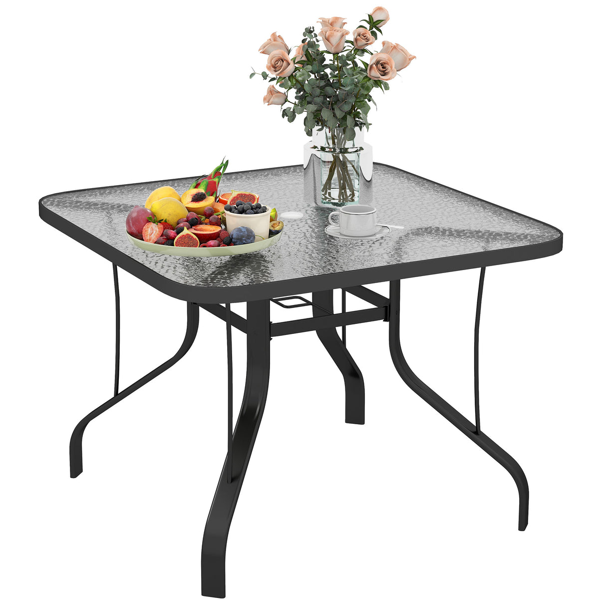 easycomfort easycomfort tavolo da giardino quadrato a 4 posti con piano in vetro e foro per ombrellone 54 mm nero