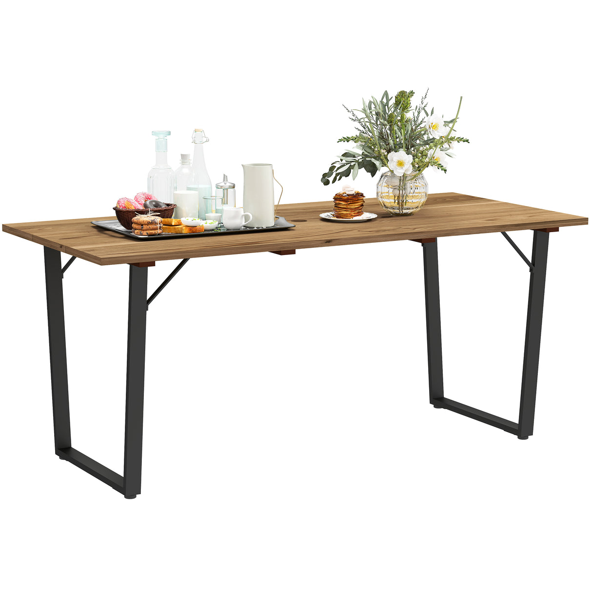easycomfort easycomfort tavolo da giardino rettangolare a 6 posti con foro per ombrellone legno e acciaio 175x80x75 cm marrone