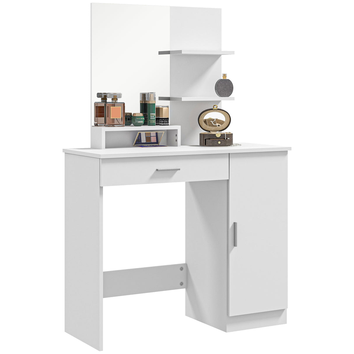 easycomfort easycomfort tavolo per trucco in truciolato con mobiletto cassetto ripiani aperti e specchio 90x38x138 cm bianco