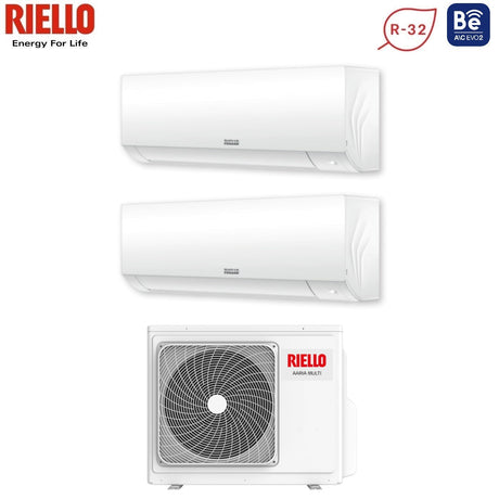 climatizzatore condizionatore riello dual split inverter serie aaria plus 9_18 con aaria multi 475 p r 32 wi fi optional 9000_18000