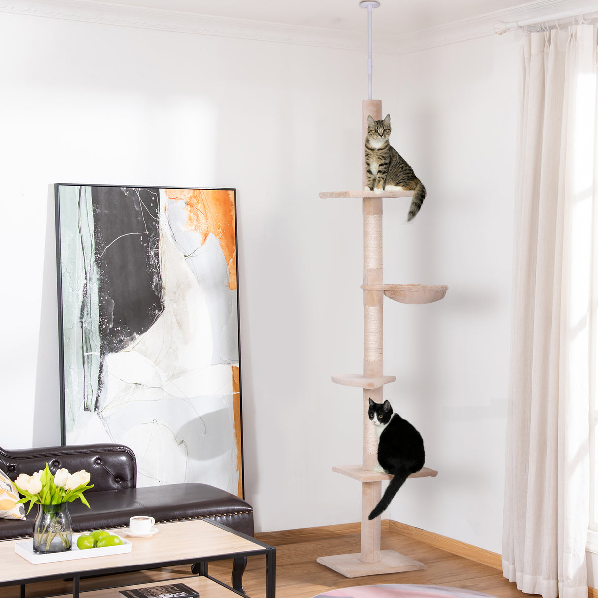 easycomfort easycomfort albero tiragraffi multilivello a soffitto con amaca e altezza regolabile 40x34x230 260cm beige
