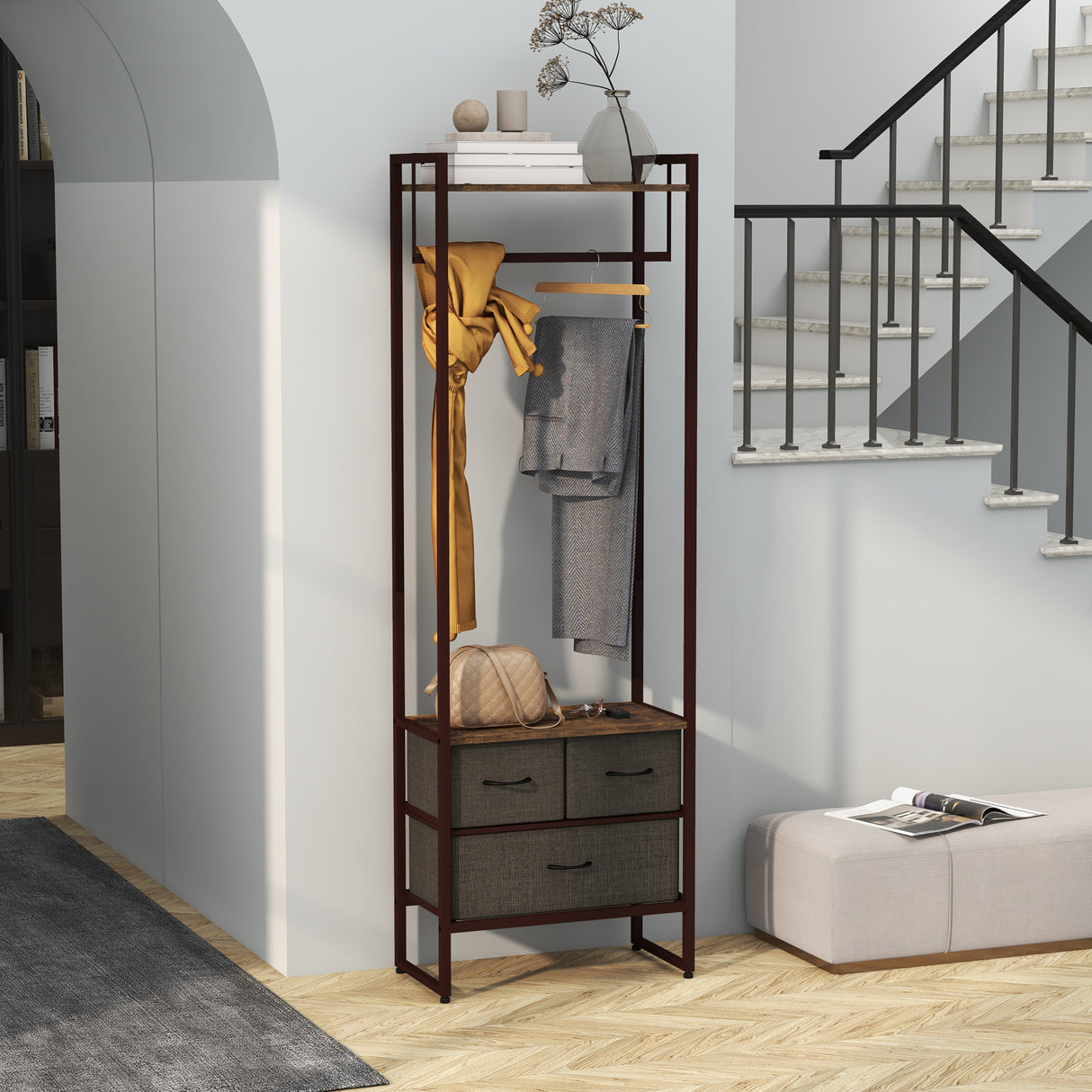 easycomfort easycomfort appendiabiti da terra con asta 3 cassetti e ripiani in legno mdf e acciaio 58 5x30x178 cm marrone