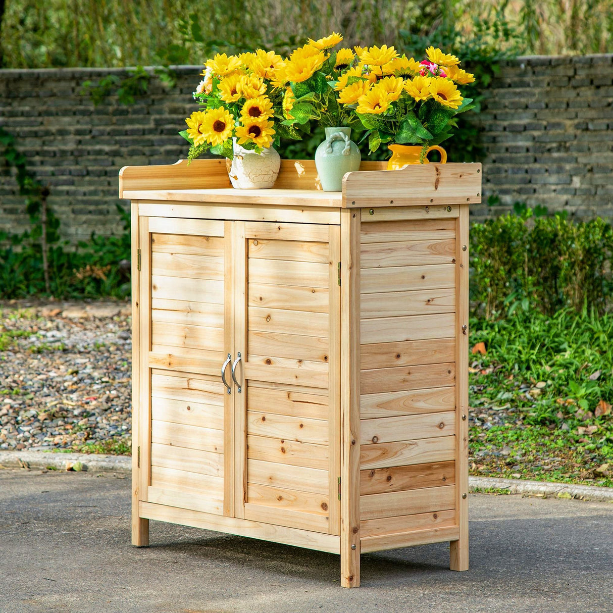 easycomfort easycomfort armadietto da esterno a 2 ripiani in legno di abete con design rialzato e 2 ante 83x40x92 cm