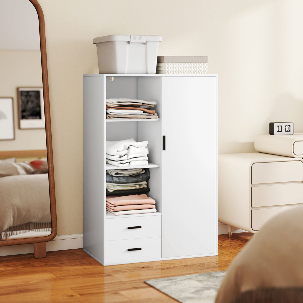 easycomfort easycomfort armadio moderno con 2 cassetti ripiani aperti e vano appendiabiti 80x50x124 cm bianco