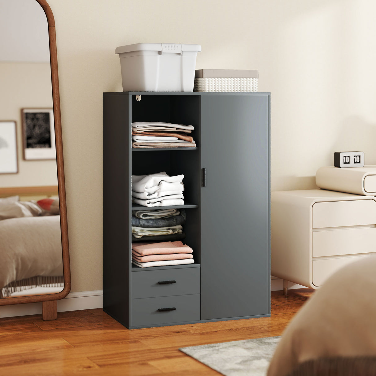easycomfort easycomfort armadio moderno con 2 cassetti ripiani aperti e vano appendiabiti 80x50x124 cm grigio scuro