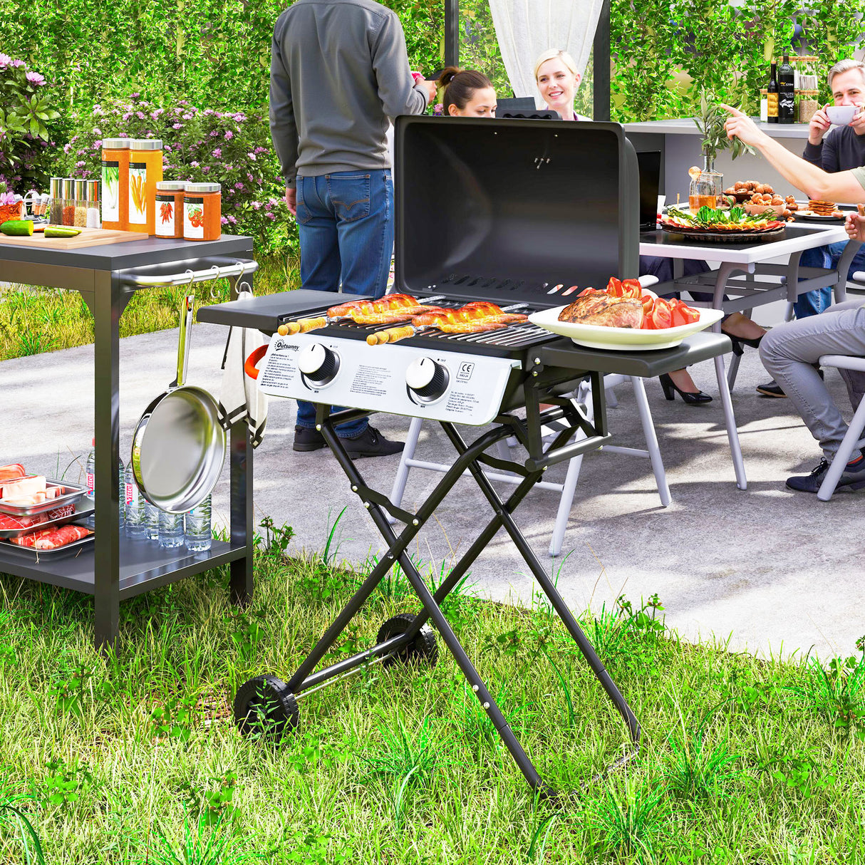 easycomfort easycomfort barbecue a gas portatile con 2 bruciatori e 2 tavolini coperchio con termometro e ruote nero