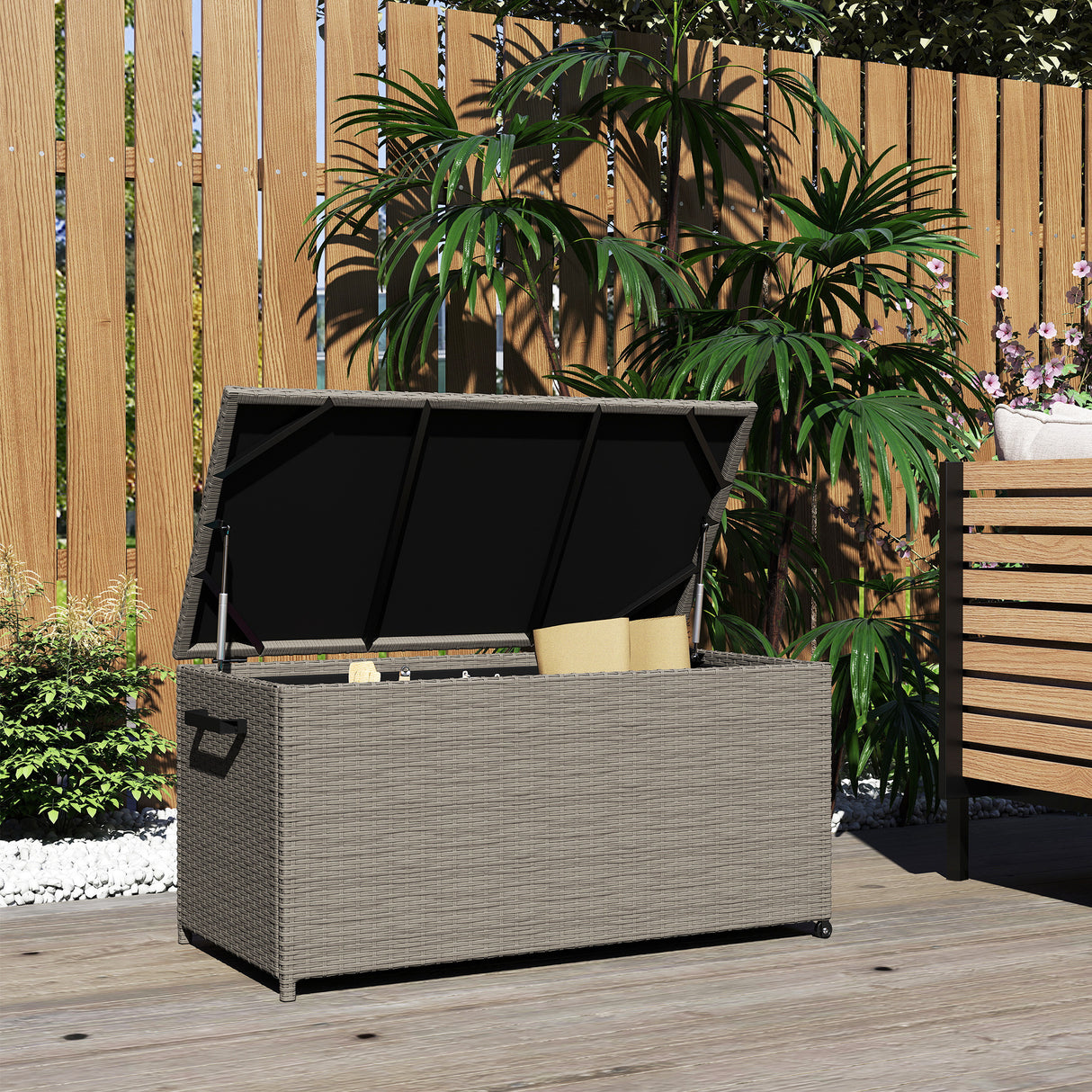 easycomfort easycomfort baule da esterno da 184l in rattan pe con ruote e rivestimento interno impermeabile 102x52x52 cm grigio