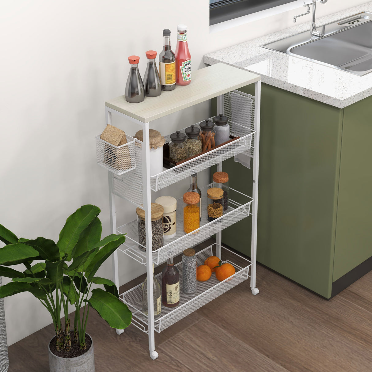 easycomfort easycomfort carrello da cucina a 3 livelli con cestino laterale e gancio in truciolato e acciaio 58x18 5x87 cm