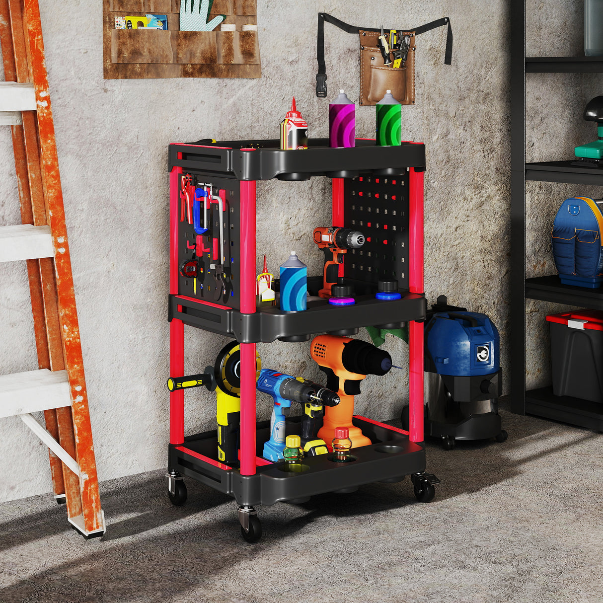 easycomfort easycomfort carrello porta attrezzi a 3 livelli in plastica con pannello forato laterale nero e rosso