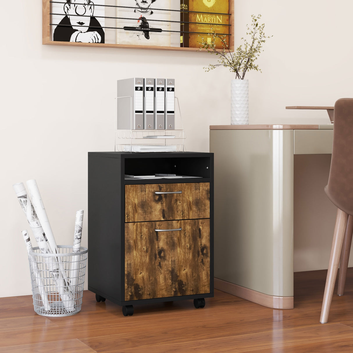 easycomfort easycomfort cassettiera portadocumenti con cassetto e ripiano 4 ruote 40x35x60cm marrone e nero