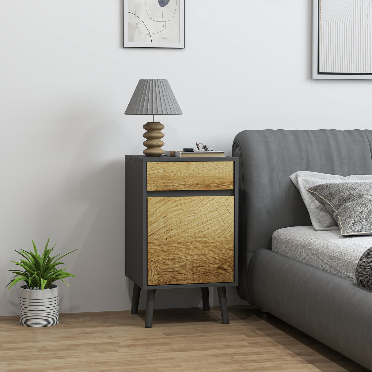 easycomfort easycomfort comodino con cassetto e armadietto moderno senza maniglie 40x39x69 cm grigio scuro e legno