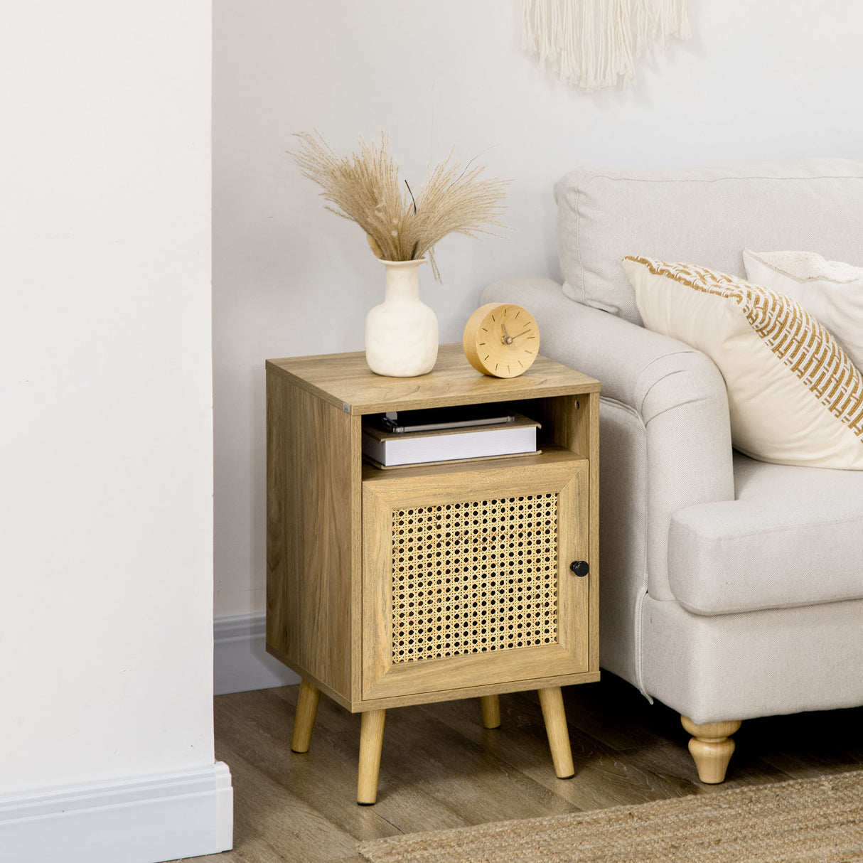 easycomfort easycomfort comodino per camera da letto stile boho con armadietto e ripiano aperto in legno e rattan 39x35x60 cm