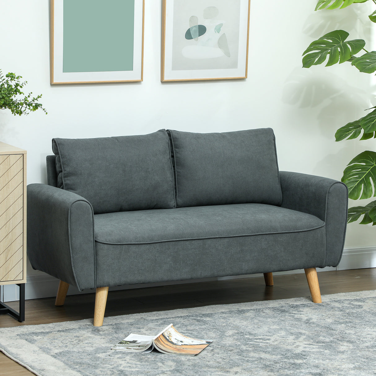 easycomfort easycomfort divano 2 posti salvaspazio con cuscini per schienale in tessuto effetto velluto e legno 145x75x78 cm grigio